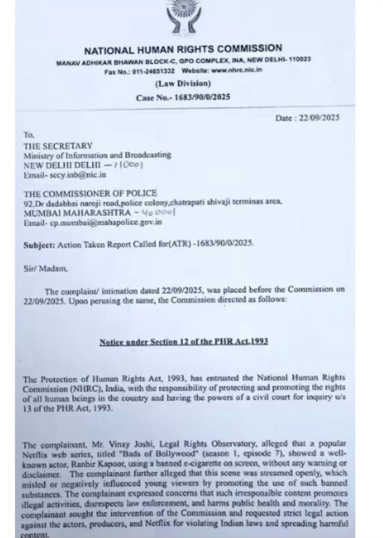 Ranbir kapoor NHRC Report